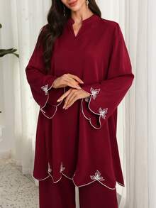 Lacomfia 女士V领刺绣宽松两件套，春夏款 - 酒紅色 - 查看 3