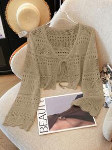 Franclia 新款纯色镂空钩编蕾丝轻薄开衫，百搭女士针织毛衣 - 摩卡棕 - 查看 5
