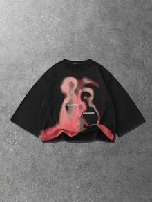 ROMWE MEN Spring/Summer Casual Graphic Men'S Blurred Portrait Print 3/4 Sleeve T-Shirt, Loose Fit - Black - View 8