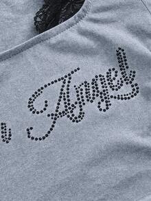 ROMWE Avant Garbage Punk Brother Letter Rhinestone & Lace Patchwork Crew Neck Fitted Women Long Sleeve T-Shirt - Grey - View 3