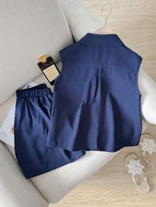 SHEIN Bộ đồ đôi 2 món cho bé gái tuổi teen, áo và quần short mùa hè, kiểu dáng thường ngày. - Màu xanh hải quân - Xem 2