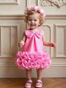 SHEIN Baby Girls' Elegant Sleeveless Bow Decor Ruffle Mesh Dress, Minimalist Fashion For Spring/Summer - Pink - View 8