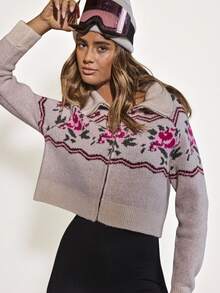 Aralina 秋冬女士拉链费尔岛针织毛衣，印花翻领针织可爱舒适毛衣，圣诞毛衣和圣诞套头衫冬季穿搭 - 彩色 - 查看 9