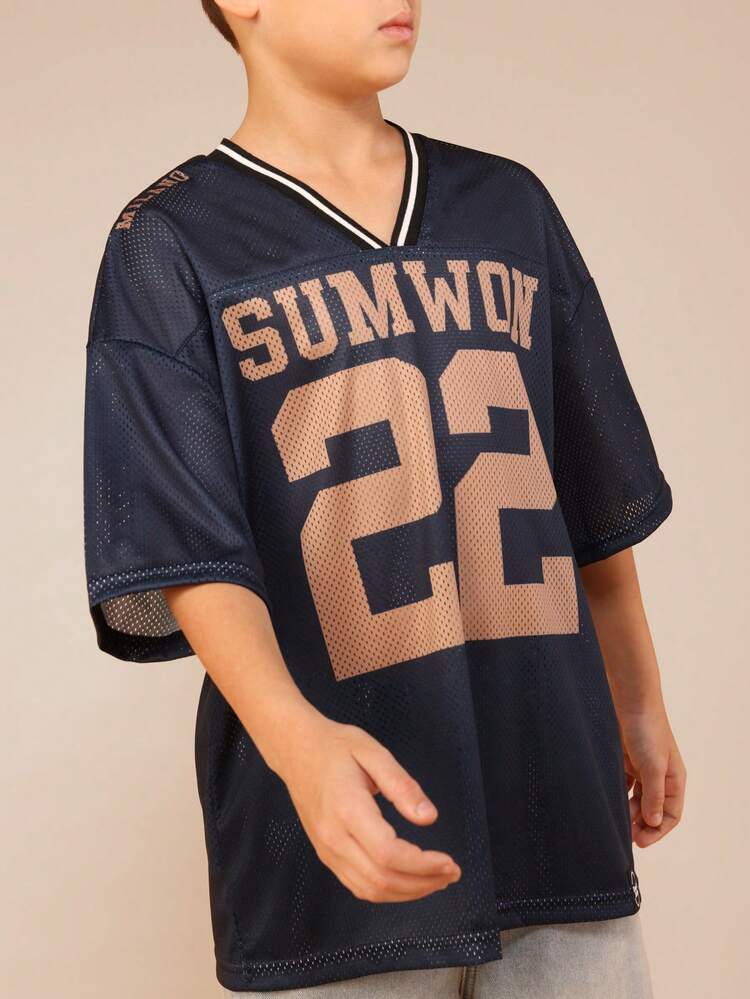 V-Neck Jersey Mesh Tee With Varsity Graphic