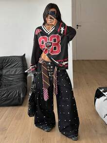 Coolane 女士秋冬街头风外出音乐节休闲运动印花V领长袖针织T恤 - 彩色 - 查看 2