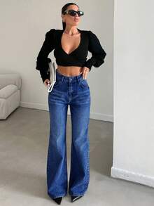 EURMUSE Plus Size Women Pockets Button Casual Versatile Commute Denim Wide Leg Pants - Medium Wash - View 3