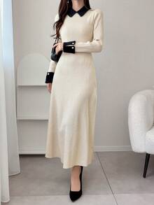 FRIFUL Damska sukienka sweterkowa z długim rękawem i kołnierzykiem w blokach kolorów, zdobiona perłowymi guzikami, dopasowana, wyszczuplająca, jesień/zima - Beżowy - Zobacz 5