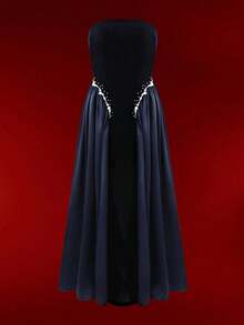 SHEIN 女士无袖珍珠装饰丝绒缎面拼接连衣裙 - 藏蓝色 - 查看 6