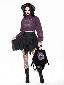 ROMWE Goth Suéter corto de cuello alto en color oscuro para mujer, blusa de punto con mangas abullonadas y estampado jacquard de piel de serpiente y mariposa vintage, otoño/invierno - Morado - Ver 1