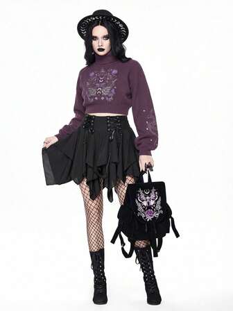 Goth Maglione corto a collo alto scuro per donna, top lavorato a maglia con maniche a palloncino, motivo vintage misterioso a pelle di serpente e farfalla, adatto per autunno/inverno