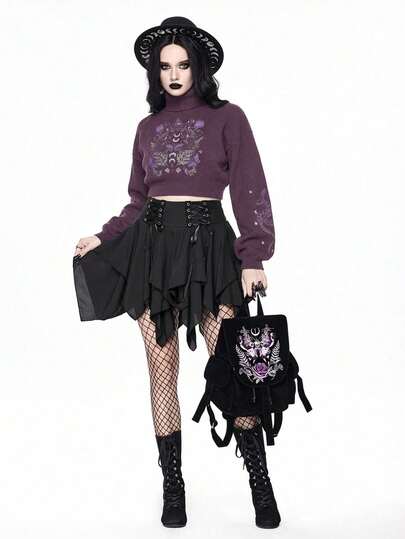 Goth Pull court à col montant pour femmes, Top tricoté à manches bouffantes avec motif vintage mystérieux de peau de serpent et de papillon, automne/hiver