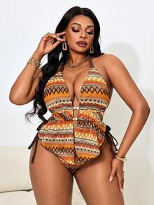 Slaydiva Plus Size Women Wavy Stripe Sexy Halter Tankini Swimwear Set - Multicolor - View 3