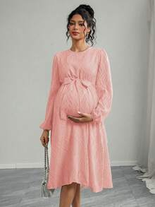 Momance Vestido de maternidad elegante para el Día de San Valentín/Primavera, vestido de fiesta de boda de maternidad con textura de jacquard rosa - Rosa - Ver 4
