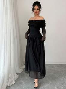 Elenzga Women's Romantic Valentine's Day 3D Floral Decor Off Shoulder Ruffle Long Sleeve Dress, Women's Resort Wear, Women's Luxury Evening Gown - Black - View 6