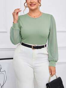 SHEIN Tall CURVE 对比色网纱灯笼袖优雅黑色连体衣，冬季 - 綠色 - 查看 5