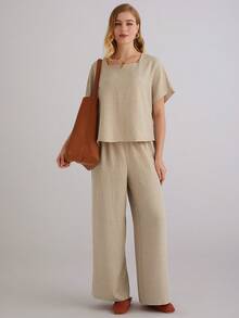 Parysyn Plus Size Breathable Women's Summer Outfit Loose Fit Square Neck Top And Wide Leg Trousers Two Piece Set Linen Pants Set 2 Piece Linen Sets Woman Linen Outfit Summer Pants Sets Comfortable Two Piece Set - Apricot - View 3