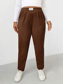 Shapeblank Plus-Size Women's Autumn/Winter Fashion Casual Comfortable Everyday Slimming Textured Fabric Black Elastic Waist Tapered Pants,Fall Outfits,Women Bottom,Simple Style,Curve Pants,Work Pants - Brown - View 6