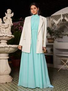 VOLUPTÉ CURVE Plus Size Light Blue Summer Elegant Wedding Guest Chiffon High Neck Sleeveless Waist-Cinching Rhinestone Long Dress For Vacation,Evening Dinner,Brunch - Mint Green - View 4