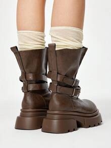 ROMWE Grunge Punk Women's Fashion Versatile Commuter Buckle Thick Sole Mid-Calf Boots Valentine's Day - Brown - View 5