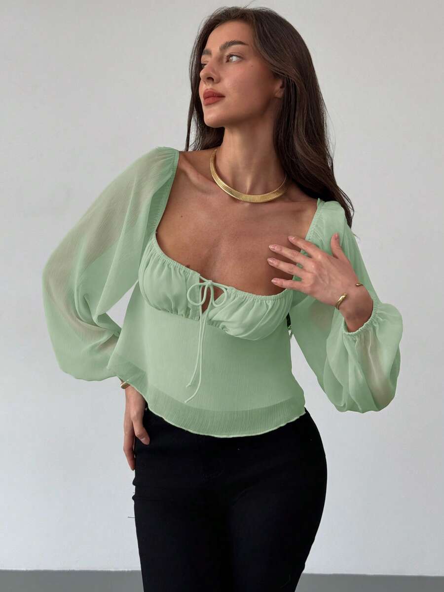 Aloruh Ruched Collar Cinched Waist Flared Hem Textured Fabric Long Sleeve Blouse For Women - Green - View 1