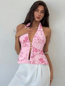 Aloruh Young Lady's Halter Neck Backless Sequin Patchwork Deep Purple-Red Women's Tank Top - Pink - View 6