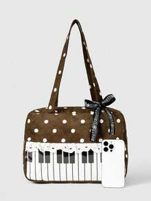 ROMWE Anime 1 pieza Bolso de mano de mujer con estampado de lunares, parche de corazón con lazo, estilo pop art. Bolso de hombro transparente de segunda generación con notas musicales, adecuado para compras, campus - Óxido marrón - Ver 2