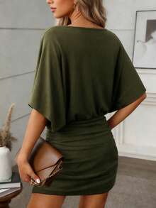 EMERY ROSE Women's Spring/Summer New Round Neck Elastic Ruched Sides Bodycon Dress - Army Green - View 2