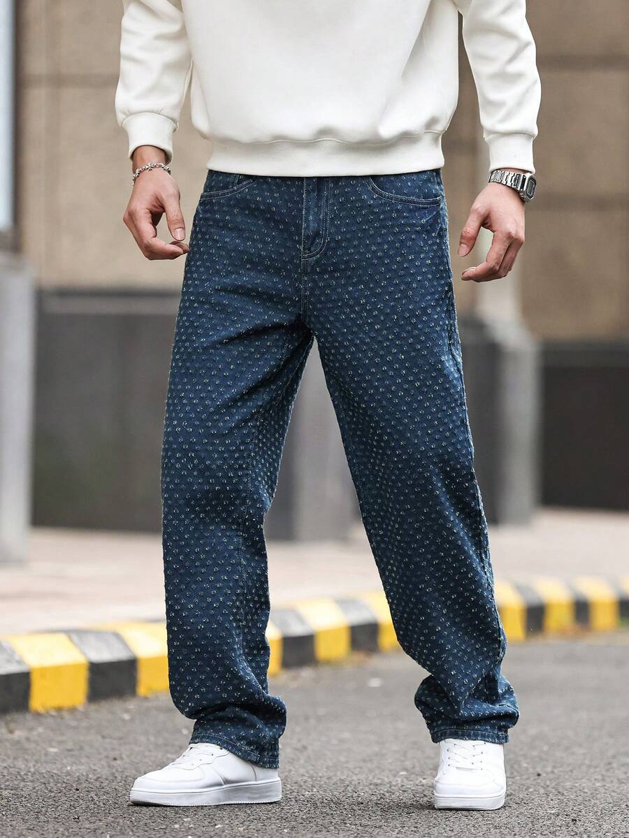 Manfinity Homme 男士休闲日常纹理斜插口袋直筒牛仔裤 男士蓝色图案牛仔裤 - 藍色 - 查看 1