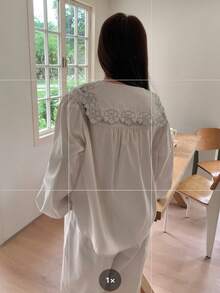 Dazy Plus 休闲条纹荷叶边领刺绣优雅长袖上衣搭配宽松直筒睡裤套装，春秋季 - 卡其色 - 查看 2