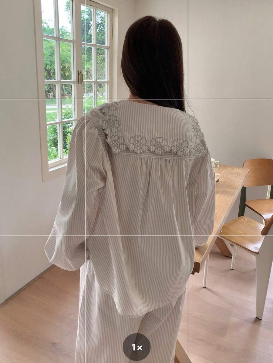 Dazy Plus Casual Striped Ruffle Collar Embroidered Elegant Long Sleeve Top And Loose Straight Leg Pajama Pants Set, Spring/Autumn - Khaki - View 1