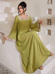 Al Najma Elegant Woven Strap Square Collar Flare Sleeve Dress, Spring/Summer - Green - View 6