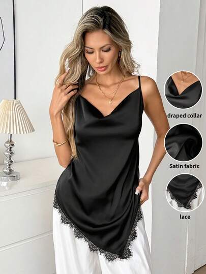 Easowa Elegant Women's Black Satin Cami Top With Drape Cowl Neck Lace Trim Asymmetric Hem Perfect For Nights Out And Summer Styling Chic Women's Silky Black Cami Top Featuring Delicate Lace Detail And Asymmetrical Drape For A Modern And Stylish Look Fashionable Women's Black Satin Camisole With V Neckline And Dainty Lace Border Ideal For Evening Wear And Casual Outings Valentine Outfits For Women Elegant Women's Blouses Vacation Outfits Women Black Top S For Women Satin Tops For Women Cami Tops For Women Women Tops Elegant  Carnival Costume   Party Top Wedding  Birthday Outfits For Women Going Out Top Elegant Women's Blouses Vacation Outfits Women Black Top