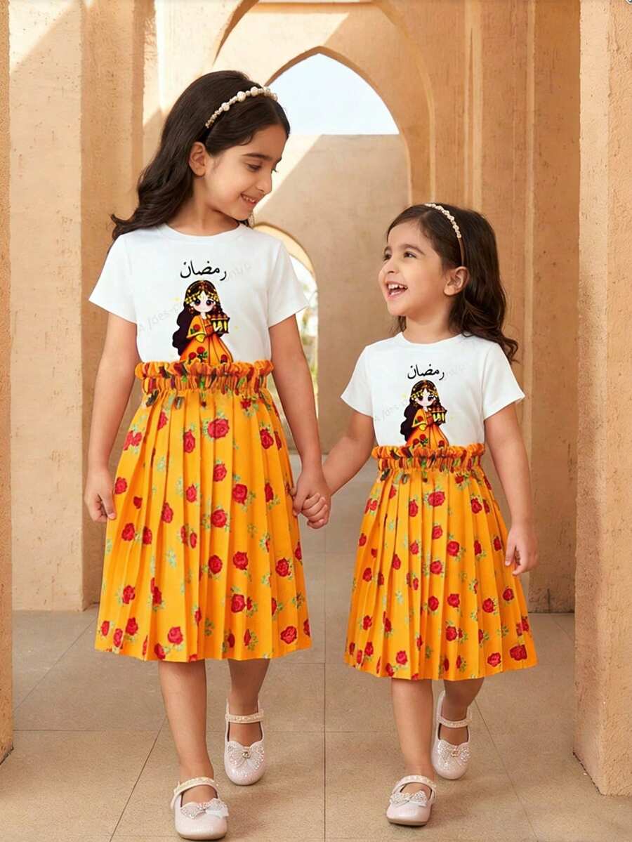SHEIN Middle Eastern Print Girls T-Shirt Top & Pleated Floral Skirt Set, Suitable For Middle Eastern, Party, Festival Wear - Mustard Yellow - View 1