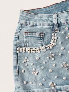 SHEIN MOD Women's Solid Color Faux Pearl Decor Slant Pocket Fashion Denim Skirt Denim Skirt Mini Rhinestone Skirt Mini Skirt Pearl Skirt - Blue - View 3