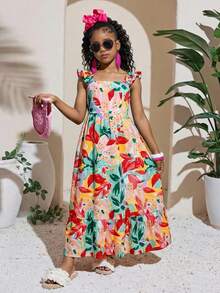 SHEIN 少女款梭织印花方领短袖长款连衣裙，夏季连衣裙，碎花连衣裙，短袖，方领，母女装 - 彩色 - 查看 5