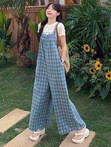 DAZY Women's Plaid Casual Washed Checkered Print Denim Bib Pants - Medium Wash - View 7