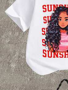 SHEIN Explorewe 2件套少女休闲时尚春夏短袖T恤裙套装，可爱少女图案设计，短袖圆领T恤搭配工装裙，舒适的短袖圆领T恤和打底裤，适合春夏穿着，时尚休闲，街头风，户外野餐，校园，节日，礼物 - 彩色 - 查看 6