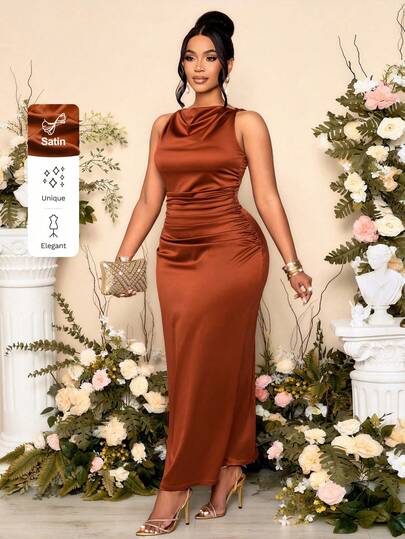 SOLERSUN Vestido de fiesta elegante de unicolor con cuello plisado y sin mangas para mujer de talla grande, vestido con estilo de hombros retorcidos, ajuste ceñido con tela de satén plisada rojo marrón, muy adecuado para banquetes, uso interior en otoño e invierno, vestido largo, vestido de graduación, vestido de baile de graduación, vestido de invitada de boda, vestido de noche de lujo, look de Año Nuevo