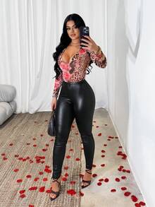 SHEIN SXY 豹纹性感低领长袖网纱连体衣 - 彩色 - 查看 9