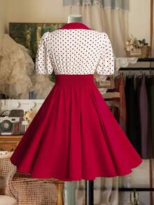 Sweetra Plus Size Polka Dot Patchwork Solid Color Mini Dress, Spring/Summer - Red - View 2