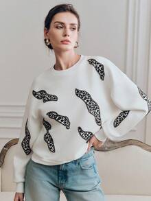 Anewsta Women's Modern Street Style Energetic Leopard Print Beaded Crew Neck Pullover Sweatshirt, Spring - Apricot - View 12