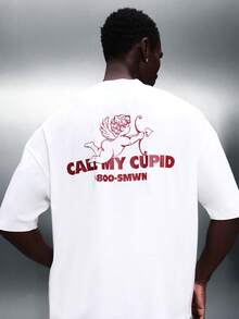 SUMWON Crop Fit Call My Cupid Graphic Print Short Sleeve Crew Neck Regular Fit T-Shirt With Angel Design Back Print For Valentine's Day Casual - White - View 1