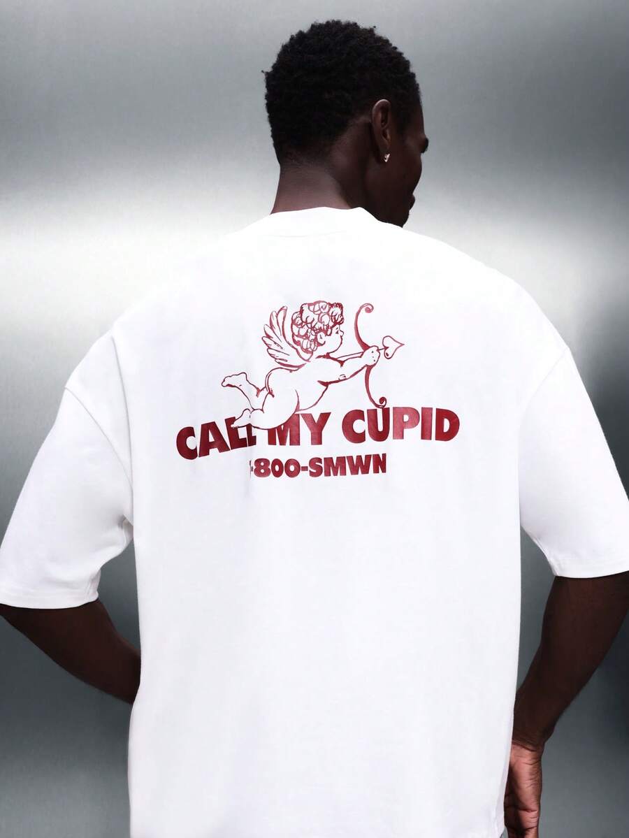 SUMWON Crop Fit Call My Cupid Graphic Print Short Sleeve Crew Neck Regular Fit T-Shirt With Angel Design Back Print For Valentine's Day Casual - White - View 1
