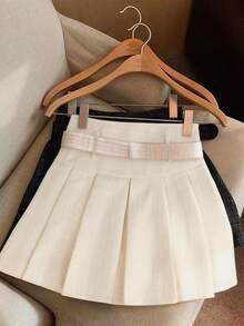Franclia High Waist Pleated Wool Blend Skirt, Elegant For Women In Spring/Autumn - Beige - View 2