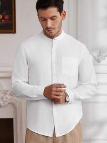 Core Aspect Men's Casual Comfortable Versatile Business Casual Shirt,Men's Pure White Linen Stand-Up Collar Shirt, Minimalist Urban Casual Daily Commuting Men's Linen White Stand-Up Collar Shirt - White - View 4