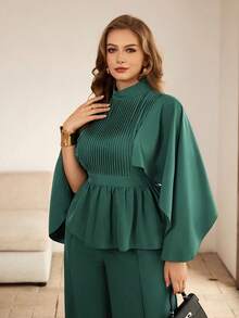 Roveilla 大码优雅中东风收腰衬衫长裤两件套，秋季款 - 綠色 - 查看 3