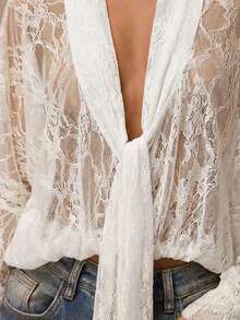 SHEIN Glamour 薄纱蕾丝衬衫，棕色蕾丝女式衬衫 - 白色 - 查看 12