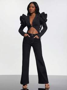 NYA SZN Áo khoác Destiny dáng ngắn, tay dài, kiểu bolero denim, tay bồng, chất liệu co giãn, màu denim đậm, phù hợp cho công sở, thường ngày, đi dự tiệc, sự kiện đặc biệt, tiệc tùng. Phong cách denim thô cao cấp, sang trọng, thanh lịch, thích hợp cho trang phục mùa thu đông dành cho nữ. - màu đen - Xem 3
