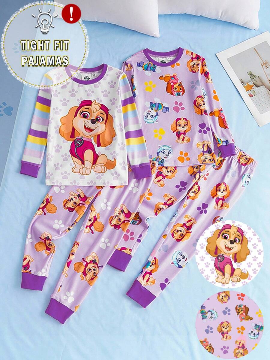 SHEIN | PAW Patrol 女童卡通可爱狗狗印花修身睡衣套装,包含上衣和裤子,秋冬款 - 紫色 - 查看 1