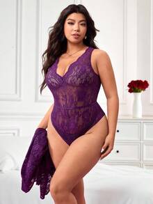 Enliva Plus Size Women's Sheer Lace Bodysuit And Long Sleeve Jacket Set,Purple,Autumn,Elegant,Wedding, Two Pieces Valentine's Day Gift For Rounded Body - Purple - View 7